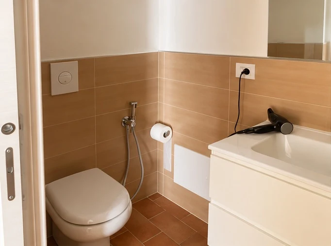 Bagno privato della camera Bellavista 24 con asciugacapelli, Bellavista Rooms Villasimius