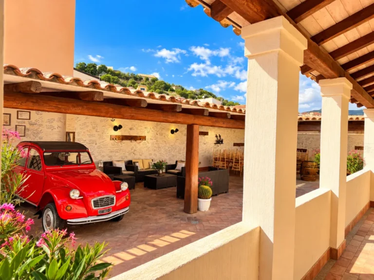 Cortile coperto con salotto e Citroën 2CV rossa, Bellavista Rooms Villasimius